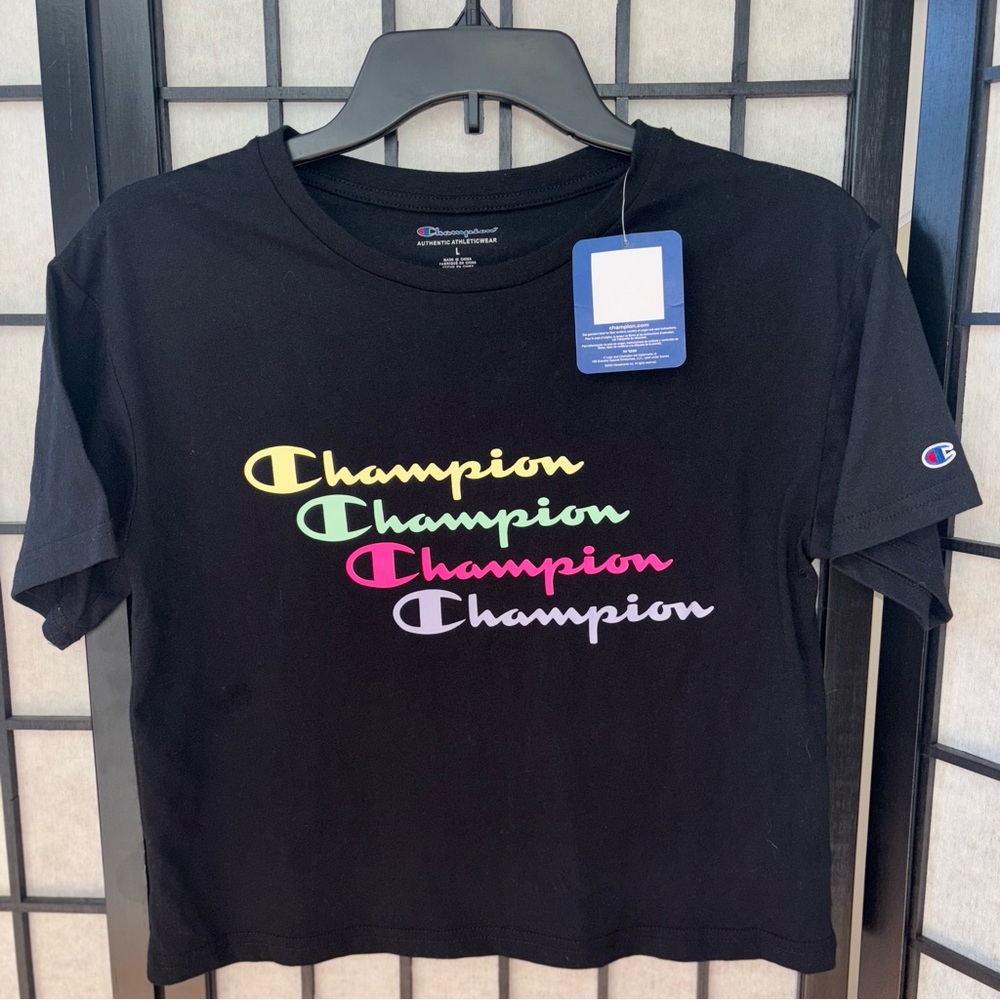 Champion Kids Black Tee with Multicolor Logo